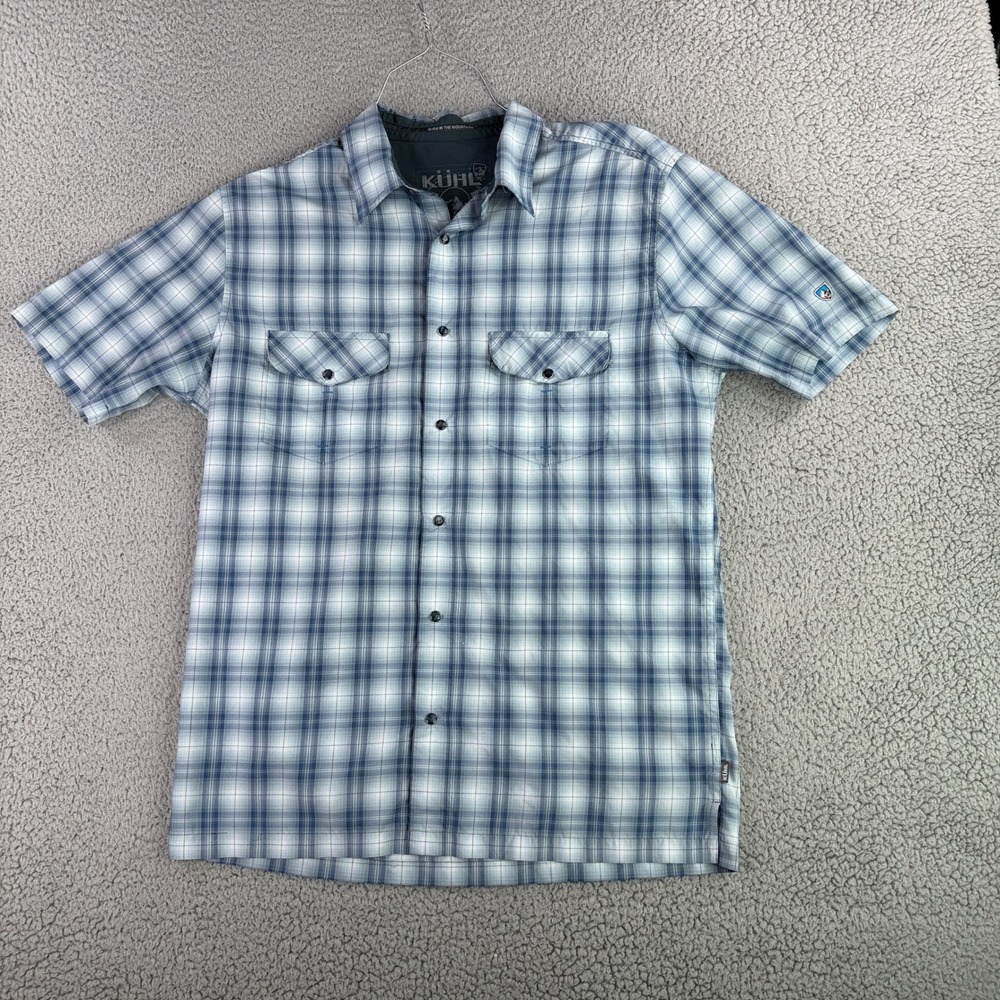 Kuhl Button Down Mens Large Blue Plaid Short Sleeve Snap Front Hiking Shirt